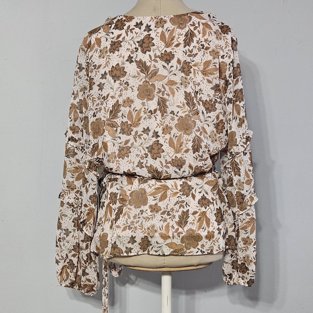 New CeCe Women's Floral Long-sleeve Wrap Waist V-neck‎ Blouse Large - Picture 3 of 7